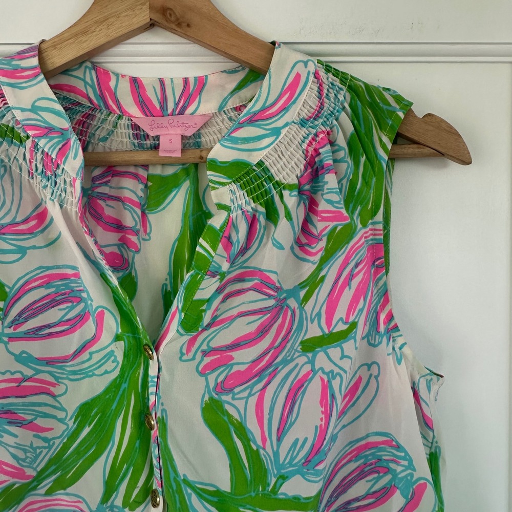 Lilly Pulitzer Houston Top Ring the Bellboy Silk Sleevless Tulips Pink Green‎ S - Picture 8 of 11